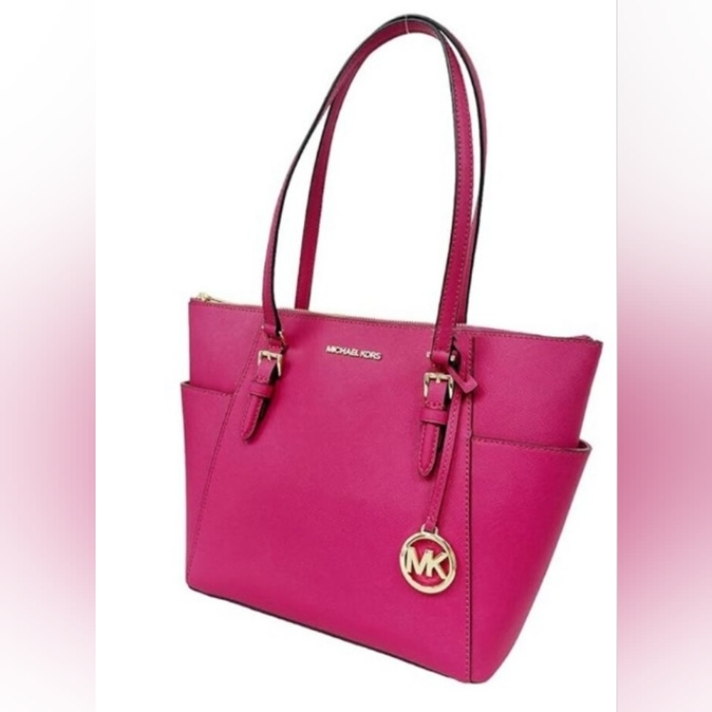 Michael Kors Charlotte Large Hot Pink Fuchsia Tote Bag Jet Set Purse Magenta - Picture 2 of 8